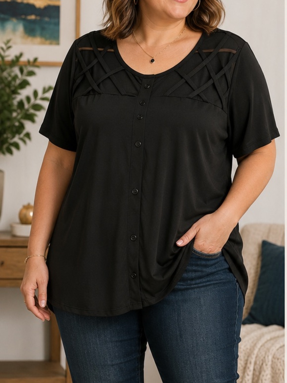 Zero 2 eight Black Short-Sleeve Button Front Blouse with Lattice Yoke 1X